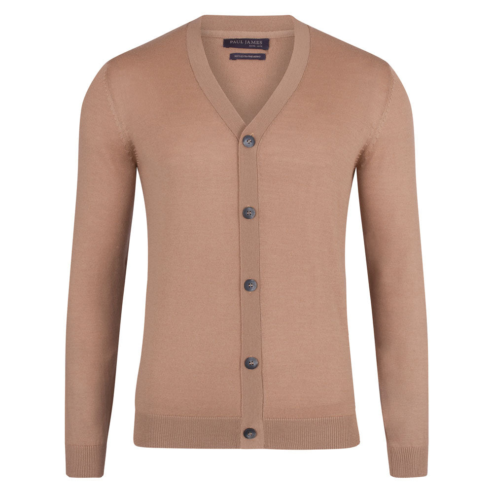 mens camel fine knit merino wool cardigan